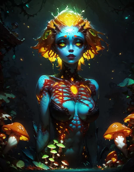 score_9, score_8_up, score_7_up, score_6_up, score_5_up, score_4_up,  biopunk, alien girl, monster girl, fish girl, (solo:1.3), cute girl, leaf dress, (gils:1.2), (bones, ribs, hip_bones:1.1), glowing, bio-engineered, yellow hair, green eyes, half-closed eyes, short hair, large breasts, (big lips:0.4), mushrooms, teasing, night, ethereal, freckles, cleavage, perfect eyes, braless, red light, yellow light, (close-up, red theme:1.1)