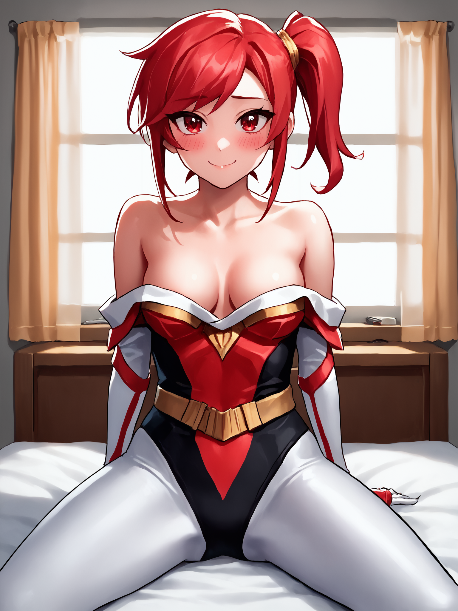 score_9, score_8_up, score_7_up, source_anime, zPDXL, zPDXLpg, <lora:offset_0.2:0.1>, <lora:spo_sdxl_10ep_4k-data_lora_webui:1>, 1girl, solo, <lora:Sazer_Mithras:1.2>, red hair, swept bangs, side ponytail, sidelocks, red eyes, indoors, bedroom, bed, window, bookshelf, chest of drawers, undressing, <lora:Dressing_up_in_latex_PonyXL_Concept:1>
sazermithras, white bodysuit, medium breasts, looking at viewer, blush, embarrassed, smile, excited, happy
sazermithras, white bodysuit, black leotard, belt, white gloves, gauntlets, boots, spread legs