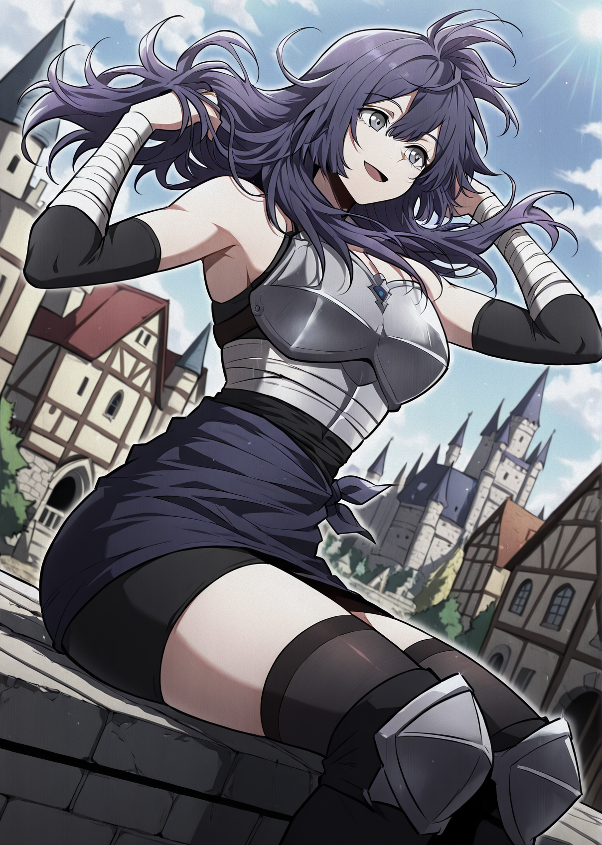 <lora:Lensa__The_Beginning_After_the_End__Illustrious:1>
Lensa, purple hair, dark ninja outfit, long purple hair, messy hair, layered hair, side bangs, gray eyes, black sleeveless top, armor chestplate, tied waist cloth, short skirt wrap, thigh-high black stockings, armored knees, athletic build
score_9, score_8_up, score_7_up, very aesthetic, source_anime, detailed, high quality, beautiful, masterpiece, detailed eyes, castle, village, blurry background, cityscape, pose dynamic angle, light smile, open mouth, hand on hair, sitting