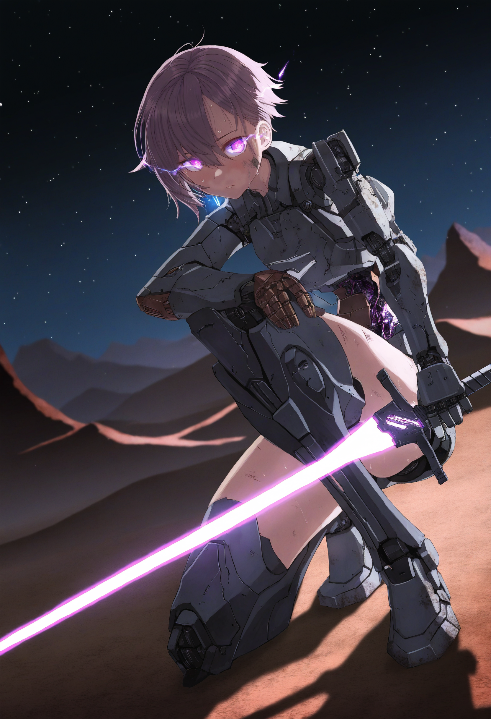 mechabare, original, artist:[oota youjo|hataya|itou (onsoku tassha)|yoneyama mai|quasarcake|diyokama|sukabu], 
1girl, solo, exoskeleton, battle damage, explicit, looking at viewer, mecha musume, purple eyes, eye trail, glowing eyes, mechanical legs, arm on knee, full body, thighs, single mechanical arm, mechanical parts, robot joints, damaged, science fiction, desert, night, night sky, dutch angle, sweat, dirty face, holding sword, energy sword, 
masterpeice, best quality, very aesthetic, absurdres
