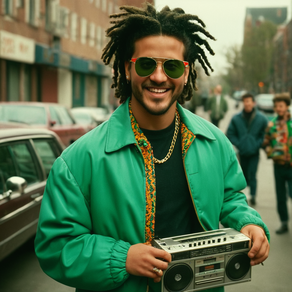cinematic film still of  <lora:1990's style:1>
In the 1990's a man in a colorful jacket holding a boombox,solo,smile,black hair,1boy,holding,jacket,upper body,male focus,teeth,grin,headband,facial hair,sunglasses,beard,zipper,curly hair,green jacket,realistic,multicolored jacket,dreadlocks , realistic,realism, detailed, perfection,perfect,filmic,retro,vintage,classic,different haircut,different look,different style,different people, 1990's style , 1990 style, shallow depth of field, vignette, highly detailed, high budget, bokeh, cinemascope, moody, epic, gorgeous, film grain, grainy