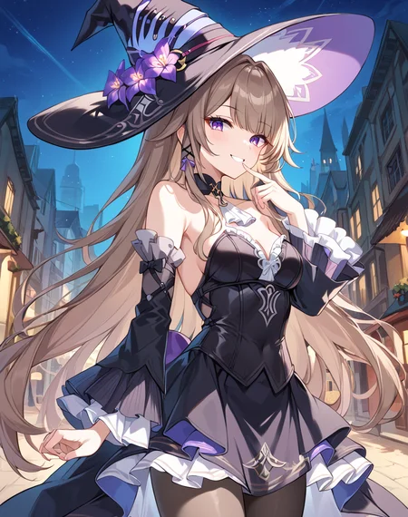 madam_herta, brown hair, long hair, purple eyes, witch hat, detached sleeves, pantyhose, herta dress, black dress, detached sleeves, strapless dress, black choker, hat flower BREAK outdoors,city street, night BREAK sexy pose, sexy face, sexy smile, cowboy shot, dynamic pose, finger near mouth BREAK score_9, score_8_up, score_7_up, source_anime ,zPDXL, perfect hand, <lora:Madam_Herta:0.8>