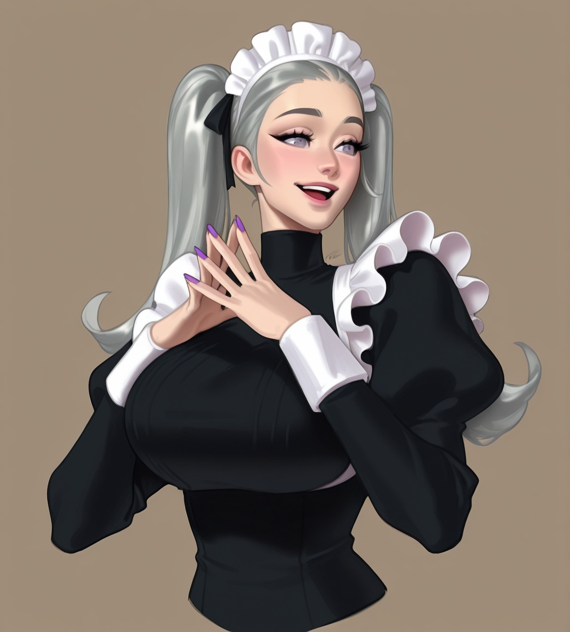 <lora:Luzdanaee:1.2>,<lora:anatomy_helper:1>,1girl,
1girl, wild hips, huge breasts, original, :d, black dress, blush, brown background, dress, grey eyes, grey hair, hands up, juliet sleeves, long hair, long sleeves, maid, maid headdress, nail polish, open mouth, puffy sleeves, purple nails, smile, solo, steepled fingers, twintails, upper body, 
dynamic pose,intricate details,scenery,