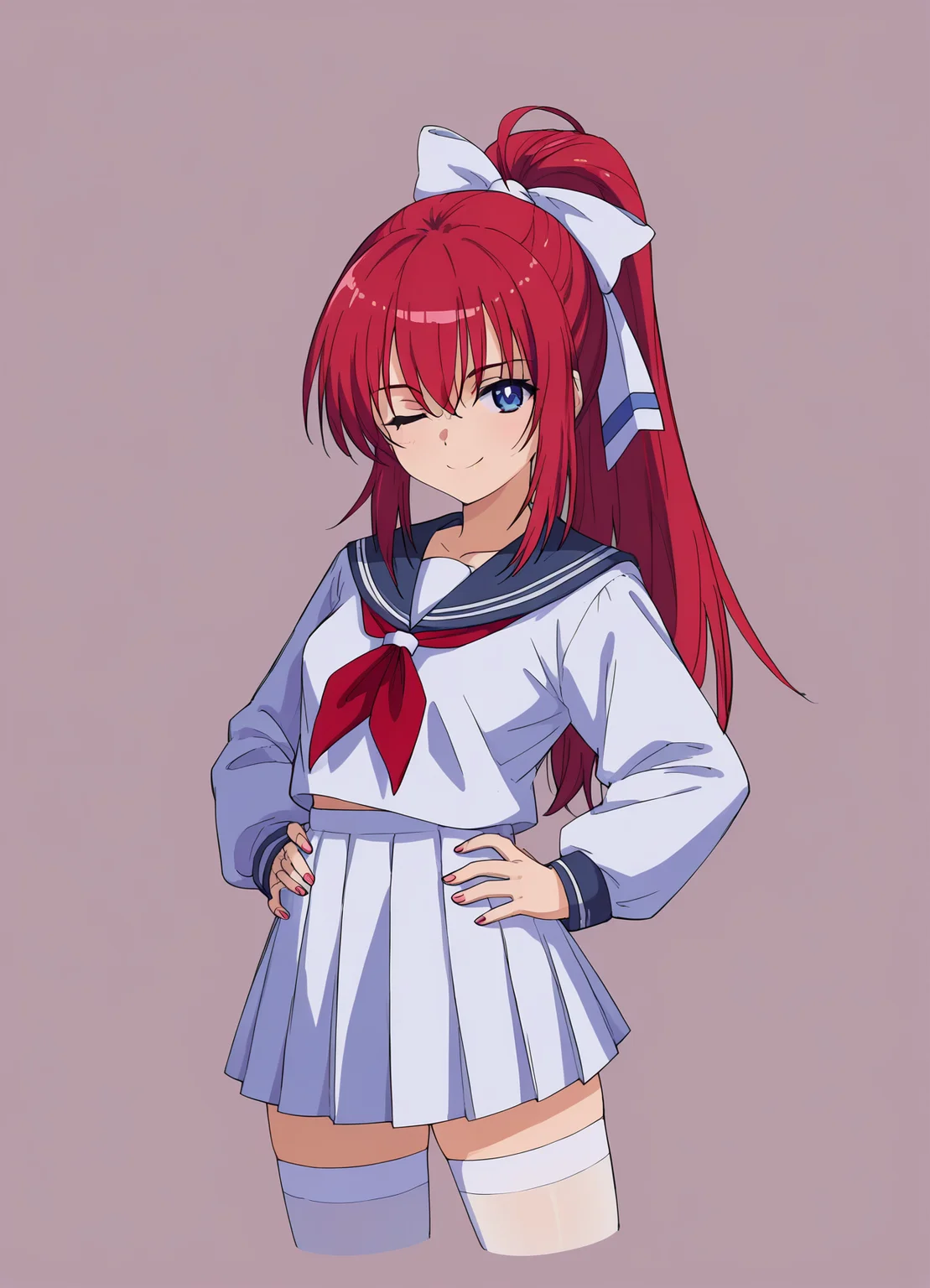 score_9, score_8_up, score_7_up, masterpiece, best quality, absurdres, official art, official style, anime screencap, megami magazine, zPDXL2, zPDXLxxx, <lora:Shiratori Mikoto (In'youchuu Chiroku ver) Pony v1_epoch_10:0.7>, 1girl, solo focus, shiratori_mikoto, large breasts, BREAK, (blue eyes:1.1), BREAK, red hair, long hair, ponytail, sidelocks, bangs, BREAK, hair ribbon, white ribbon with blueline, BREAK, school uniform, capelet, white jacket with black sideline, BREAK, red ribbon, BREAK, white skirt with black lining, pleated skirt, sawtooth hem, BREAK, (white thighhighs:1.2), BREAK, loafers, BREAK, <lora:neg4all_bdsqlsz_xl_V91:1.0> <lora:ALTXL_pony_0061_8:2.0>, <lora:detailed_hands-000002:1>, hand one eye closed, smile, cowboy shot, looking at viewer, hands on own hips, (simple background, white background:1.2),