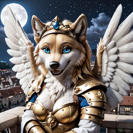 Realistic, highres, super high resolution, 8k, photo, whtfx, soft body fur, furry, anthro, detailed fur, female wolf, voluptuous figure, tufted fur, tufted ears, cheast tuft, fluffy canine tail, detailed eyes, detailed body, detailed face, open smile, long blonde hair, canine teeth, golden fur, blue eyes, whiskers, medium breasts, detailed background, balcony, overview, medieval city, night, full moon, stars,  golden knight armor, golden circlet, glistening eyes, angel wings, spread wings, narrowed eyes, lovely eyes,