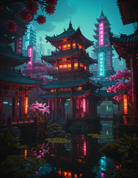 <lora:Cyberpunk_Temples_illd:1> ct_ill, cyberpunk asian temple, neons, cherry blossom, glowing kanji, cyberpunk cityscape, illuminated, closed, blue sky, glowing kanji signs, wet, glowing flowers, pond, bridge, vegetation, multiple asian temples,