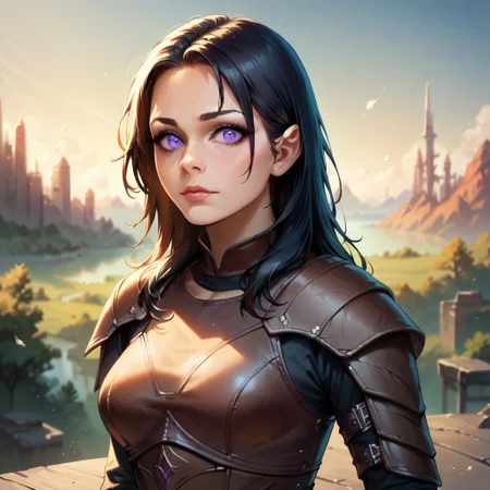 (((detailed, beautiful, high quality))), score_9, score_8_up, score_7_up, upper body,
1 girl, black hair, eye shadow, purple eyes, leather armor, leather shoulder pads, leather bracers,
looking at the viewer, posing,
spaceship scenery, sci-fi background, blurred background, fantasy background,