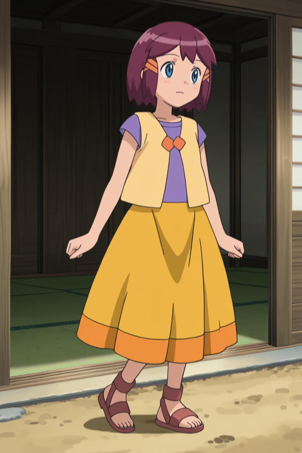 masterpiece, high quality, absurdres, best quality, very aesthetic, newest,  
1girl, full body, standing, 
<lora:Shannon-Shobu:0.9> PK5BWShan5nonSho5bu,blue eyes,dark pink brown hair,short hair, orange hair ornament,
purple shirt,
short-sleeved t-shirt,
yellow vest,
orange buttons,
yellow skirt, 
orange hem skirt, 
large skirt,
 rope sandals,