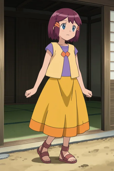 masterpiece, high quality, absurdres, best quality, very aesthetic, newest,  
1girl, full body, standing, 
<lora:Shannon-Shobu:0.9> PK5BWShan5nonSho5bu,blue eyes,dark pink brown hair,short hair, orange hair ornament,
purple shirt,
short-sleeved t-shirt,
yellow vest,
orange buttons,
yellow skirt, 
orange hem skirt, 
large skirt,
 rope sandals,