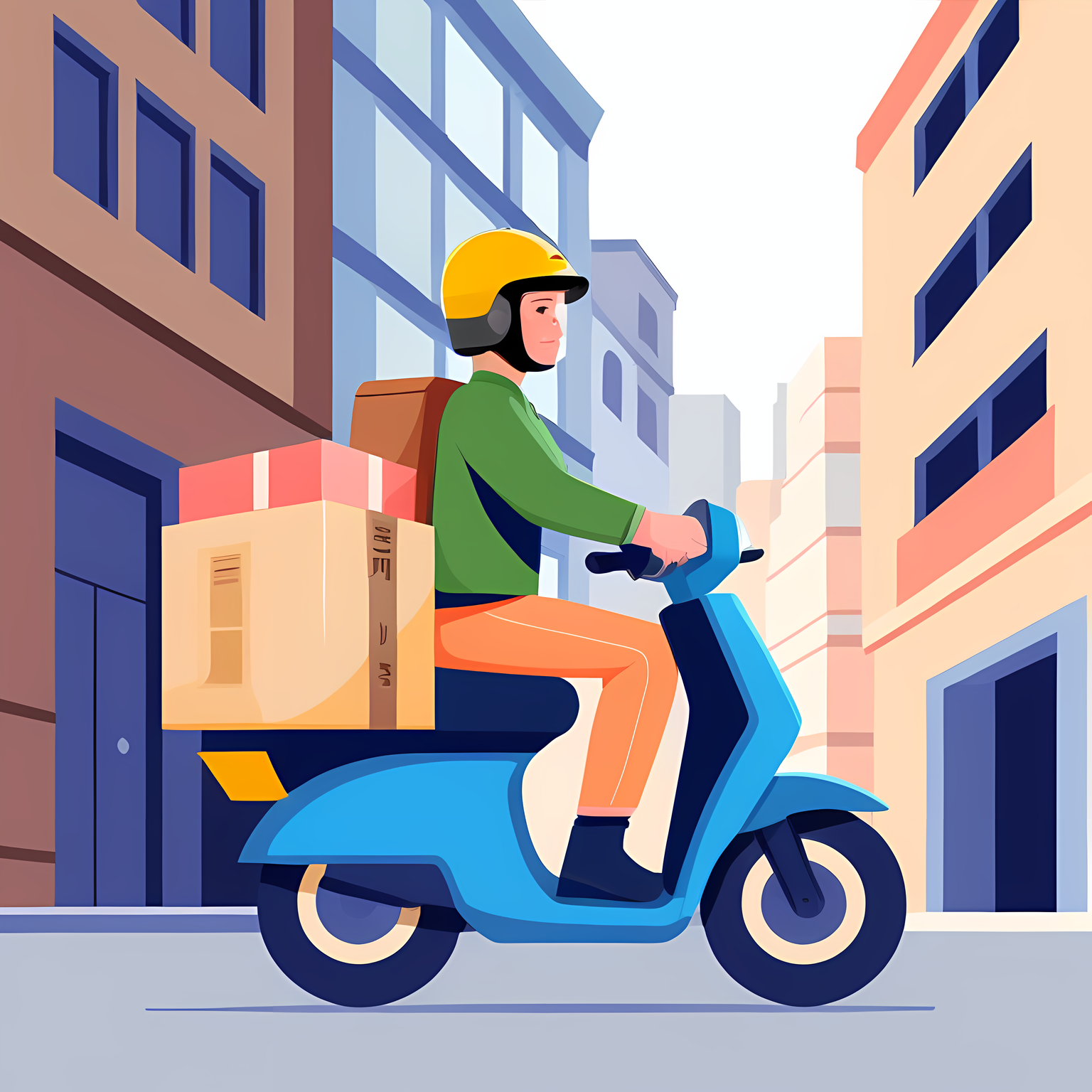 A courier is driving a motorcycle delivering goods,<lora:flat-000040:0.7>,