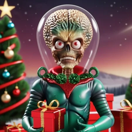 MarsAttack1024, an alien, ++((full body)), christmas scenery, garlands, gifts, christmas tree, features intricate detail, detailed eyes, highly detailed, photography, ultra sharp, film, bokeh, professional, 4k    <lora:MarsAttack1024:0.7> <lora:add-detail-xl:2>