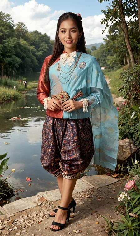 score_9, score_8_up, score_7_up, masterpiece,
1girl, solo, very long hair, <lora:Pony_BTT_CHONGKABEN SABAI_v01D:1.4> smile, sandals, perfect anatomy,
outdoors, flowers, wild, river, sky, cloudy sky, lily water, lotus,
<lora:LCMTurboMix_Euler_A_fix:1> <lora:Pony_BTT_THAIARUNEE_V01C:0.8>