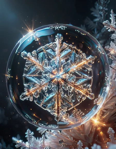 (high quality), (masterpiece), (detailed),8K, An award-winning glowing snowflake, encased in a perfectly transparent glass bubble, floats delicately within a surreal winter setting. Its intricate, symmetrical crystalline patterns radiate a mesmerizing, golden luminosity, blending warm hues of amber, peach, and soft rose that glow softly through the glass. The bubble is adorned with delicate frost patterns along its edges, reflecting and refracting the snowflake’s warm light, casting a magical aura on its surroundings. Encased within, the snowflake sparkles with fine detail, as if suspended in time, evoking feelings of joy, serenity, and wonder, captivating all who witness this breathtaking masterpiece, glowneon, geometric, GlowingInk