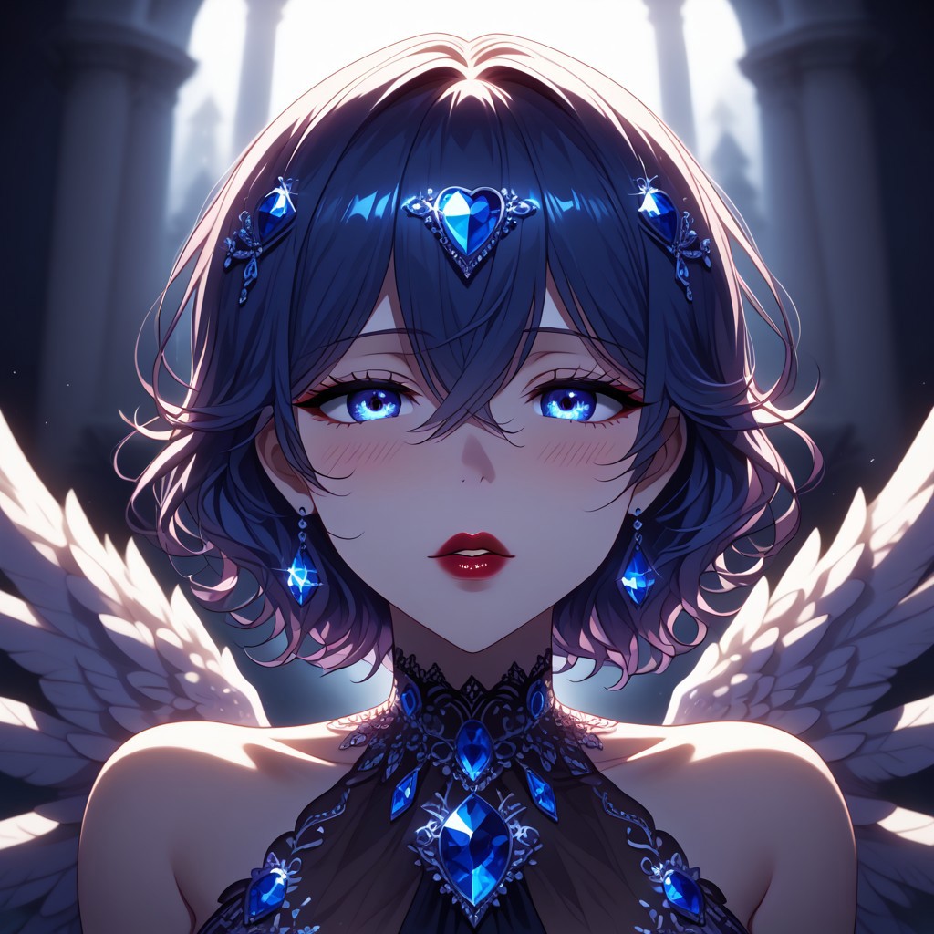 1girl, solo focus, Misae Suzuhara, hair between eyes, dark blue hair, blue eyes, depth of field, blurry background, pov, imminent kiss, full lips, face focus, zoomed in, (closeup of face:1.3), extreme closeup, lip focus, half-closed eyes, lace overlay dress, sapphire dress, lace-trimmed dress, sapphire crystals, sapphire \(gem\), jewelry, ruby red lipstick, sparkle, glitter, chromatic abberation, blush, lace trim, see-through cleavage, sleeveless, detached collar, sapphire necklace, bathed in sunlight, angel wings, feathers, outdoors