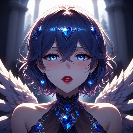 1girl, solo focus, Misae Suzuhara, hair between eyes, dark blue hair, blue eyes, depth of field, blurry background, pov, imminent kiss, full lips, face focus, zoomed in, (closeup of face:1.3), extreme closeup, lip focus, half-closed eyes, lace overlay dress, sapphire dress, lace-trimmed dress, sapphire crystals, sapphire \(gem\), jewelry, ruby red lipstick, sparkle, glitter, chromatic abberation, blush, lace trim, see-through cleavage, sleeveless, detached collar, sapphire necklace, bathed in sunlight, angel wings, feathers, outdoors