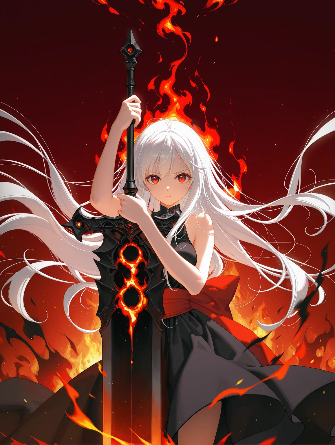 (blood fire:1.157625), (black fire:1.21550625), burning, (pyrokinesis:1.1025), (artist:ciloranko:1.1025), artist:tidsean, (artist:ke-ta:1.05), (chiaroscuro:1.1025), (artist:sho \(sho lwlw:1.05), (artist:ningen mame:0.95454545), (1girl:0.90909091), (solo:0.90909091), (red eyes:0.90909091), (white hair:0.90909091), (very long hair:0.90909091), (floating hair:0.90909091), (bare shoulders:0.90909091), (medium breasts:0.90909091), (black dress:0.90909091), (sash:0.90909091), (fighting stance:1.05238636), (cowboy shot:1.00227273), (greatsword:1.10500568), (huge weapon:1.00227273), (holding greatsword:1.00227273), (flames surround the sword:1.10500568), (light particles:0.90909091), (reflection:0.90909091), (red background:1.00227273), (red theme:0.90909091), (ray tracing:0.90909091),
,masterpiece,best quality,amazing quality,