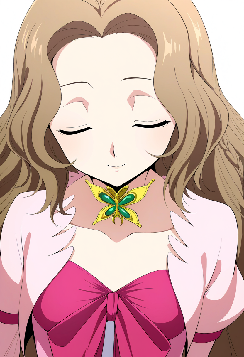 masterpiece, best quality, very aesthetic, absurdres,
1girl, nunnally, long hair, brown hair, closed eyes,
dress,
upper body,
smile, solo, simple background, white background,   <lora:NunnallyViBritanniaNoobXL_byKonan:1>