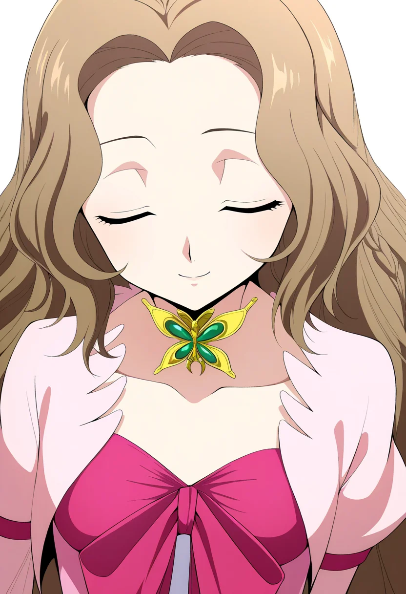 masterpiece, best quality, very aesthetic, absurdres,
1girl, nunnally, long hair, brown hair, closed eyes,
dress,
upper body,
smile, solo, simple background, white background, <lora:NunnallyViBritanniaNoobXL_byKonan:1>