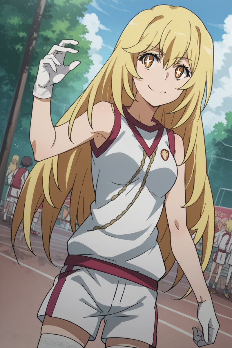 score_9, score_8_up, score_7_up, source_anime,
misakishokuhou, <lora:misaki-shokuhou-s3-ponyxl-lora-nochekaiser:1>,
misaki shokuhou, blonde hair, hair between eyes, long hair, symbol-shaped pupils, yellow eyes, smile,
bare shoulders, gloves, gym shirt, gym shorts, gym uniform, shirt, short shorts, shorts, sleeveless, sleeveless shirt, thighhighs, tokiwadai school gym uniform, white gloves, white shirt, white shorts, white thighhighs,
outdoors, sports festival,
looking at viewer, cowboy shot, dutch angle, dynamic pose,