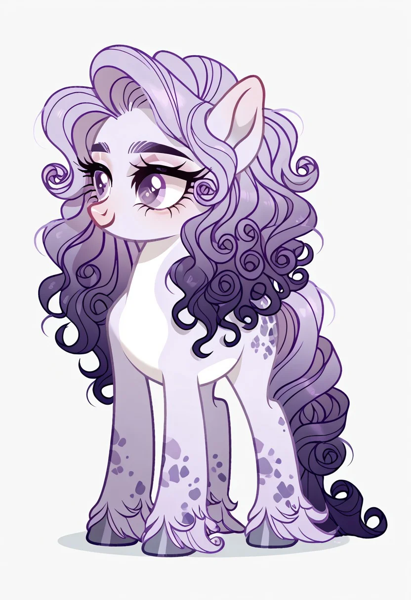 score_9, score_8_up, score_7_up, score_6_up, score_5_up, score_4_up, show accurate, full body, simple background, feral pony, female pony, elegant appearance, original character, unicorn, graceful look, Light purple body, white belly, dark purple spots, lavender eyes, flowing hair with silver strands, long wavy hair, curly texture, tail reaching the ground, glossy white hooves