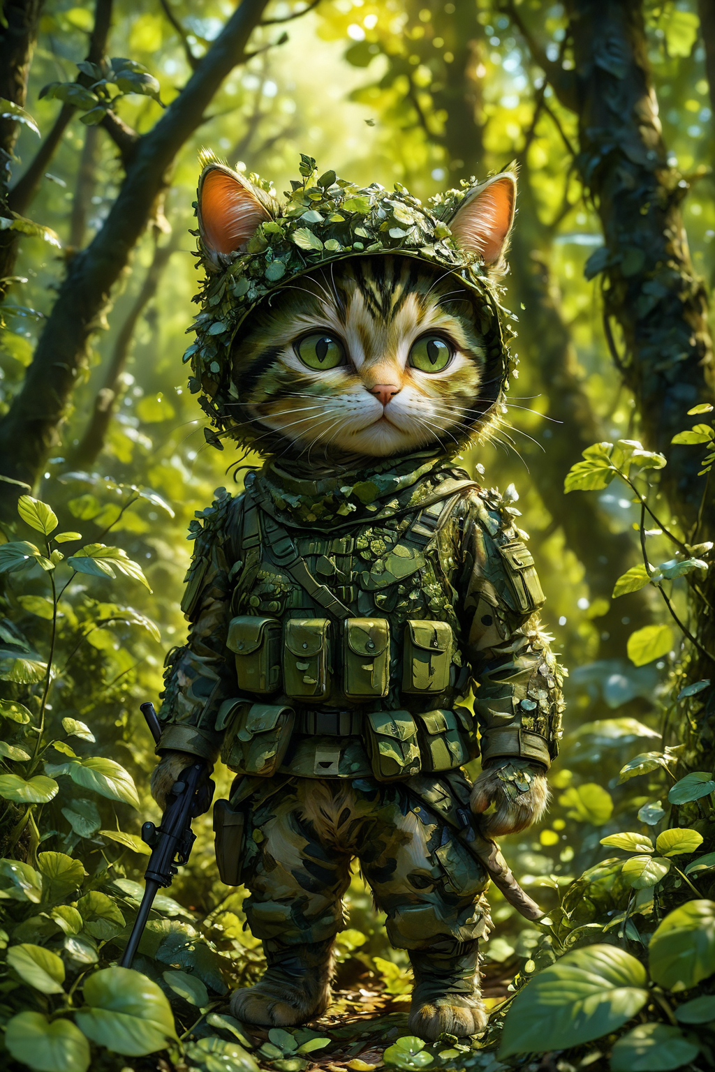 A surreal and dreamy scene featuring a small cat soldier dressed in green camouflage gear, skillfully camouflaged and hiding within a dense forest. The forest is lush and vibrant, with an ethereal glow filtering through the trees, creating a magical and whimsical atmosphere. The details are hyper-realistic, capturing the textures of the cat's fur, the camouflage uniform, and the foliage of the forest.
small cat soldier, green camouflage gear, hiding in dense forest, lush and vibrant, ethereal glow, magical atmosphere, hyper-realistic, intricate textures, surreal, dreamy, whimsical, fantastical, detailed environment.
<lora:add-detail-xl:1.0>,
<lora:EnvyBetterHiresFixXL01:1.0>,
<lora:extremely_detailed:1.0>, extremely detailed,
<lora:EldritchMixIllustration_1.1:0.6>,
<lora:Regiiinas_plant_style:1> plantstyle,