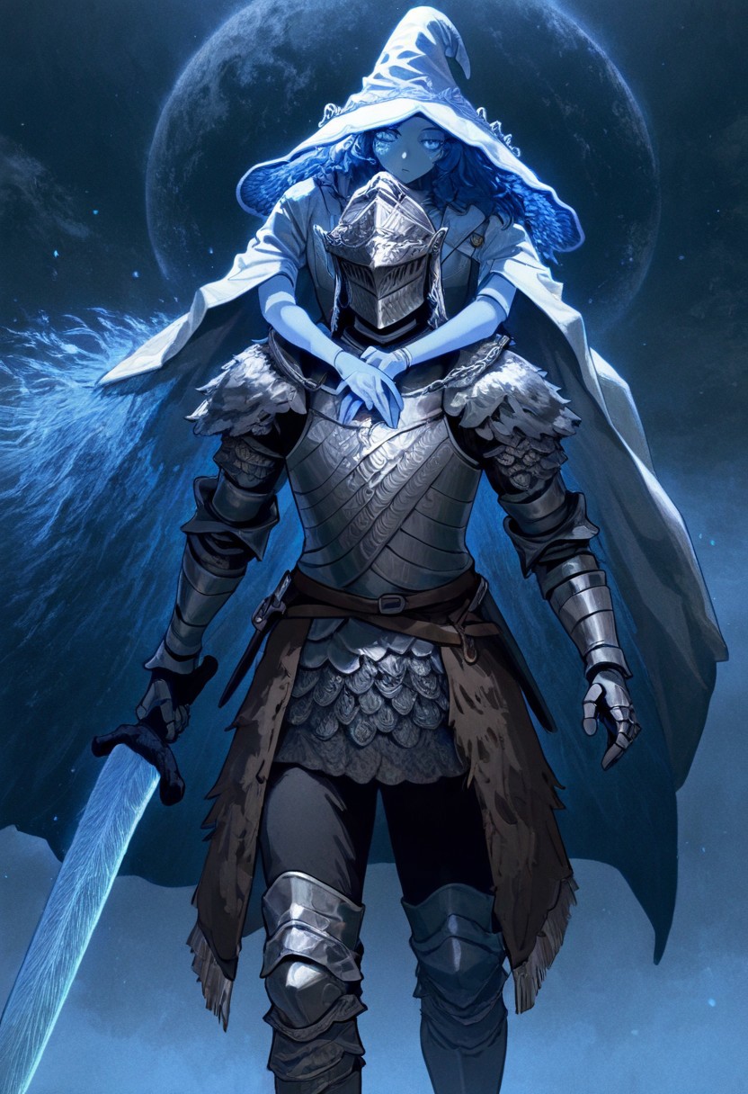 masterpiece, best quality, newest, absurdres, highres, anime, anime style, 1boy, armor, knight, holding, holding sword, helmet, PRC-V1.0-RanniBP, ranni the witch, piggyback, carrying, 1girl, ranni the witch (elden_ring),