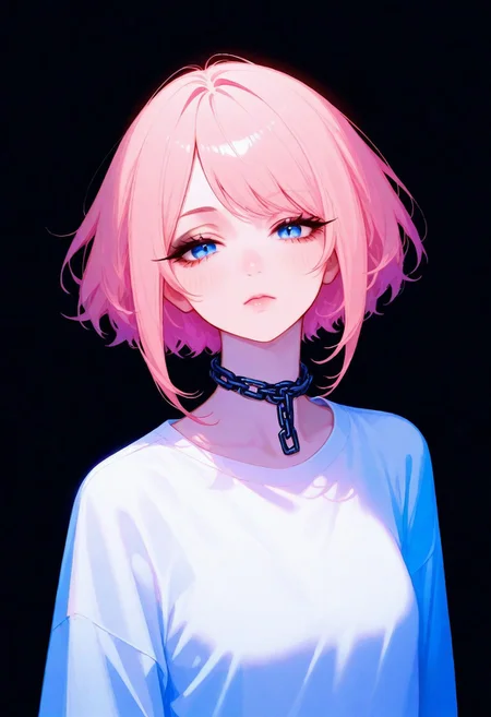 1girl, general, 
(head back:0.8),
short hair, sidelocks, pink hair, swept bangs, 
black eyeshadow, long eyelashes, 
blue eyes, looking at viewer, (slit pupils:0.6), dilated pupils, 
light blush, expressionless, 
chain choker, 
small breasts, white shirt, oversized clothes, 
upper body,
black background,
best quality, very awa, highres, newest