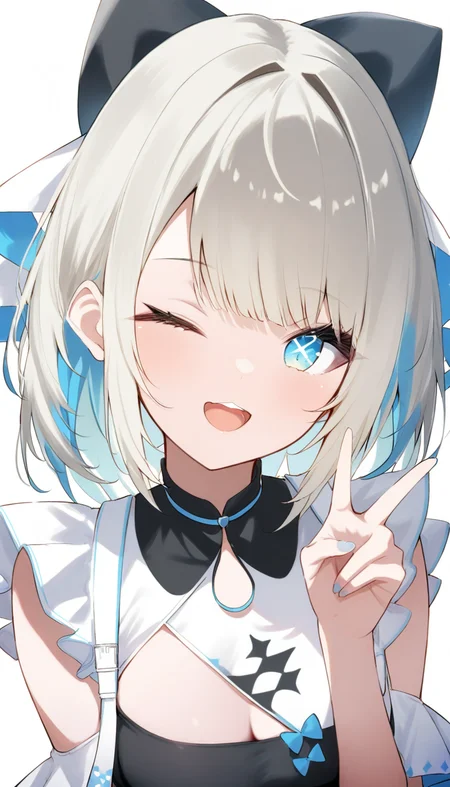1girl, itoitoi_Q, virtual youtuber, one eye closed, blue eyes, v, black bow, bow, hair bow, open mouth, multicolored hair, white background, blue hair, looking at viewer, smile, simple background, colored inner hair, solo, symbol-shaped pupils, star-shaped pupils, + +, breasts, clothing cutout, upper body
<lora:itoitoi_Q-a4zero-v1-3:1>, masterpiece, high score, great score, absurdres