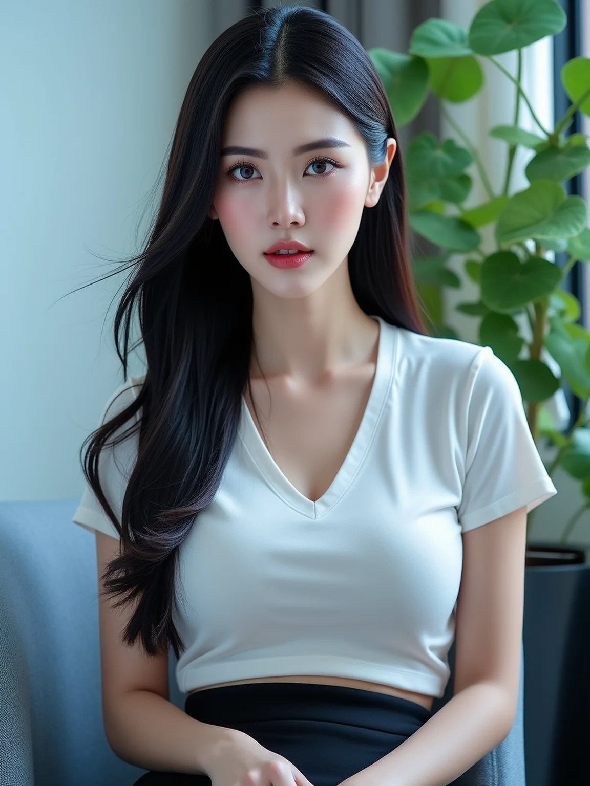 [2][24_94]Against a soft, true gradient blue background, a stunning real large breasts Japanese woman with long, flowing dark hair, her piercing gaze directly addressing the viewer. skirt, outdoors, shirt, tree, looking at viewer, blue skirt, white shirt, parted lips, sky, day, collared shirt, pleated skirt, short sleeves, building, blue sky, shirt tucked in