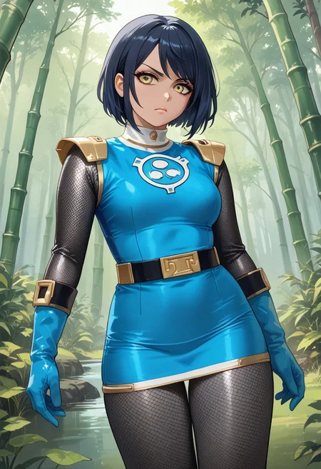 score_9, score_8_up, score_7_up, BREAK,
1girl, solo, BREAK,
sentaikageblue, shiny clothes, spandex, BREAK,
silver bodysuit, fishnet bodysuit, bodysuit under clothes, aqua dress, shoulder pads, aqua skirt, black belt, BREAK,
aqua gloves, no headwear, BREAK,
ku70u5a4a, dark hair, short hair, yellow eyes, medium breasts, thick thighs, BREAK,
standing, serious, BREAK,
dutch angle, outdoors, forest, bamboo, evening,