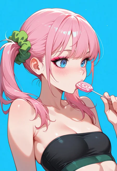 masterpiece, best quality, 1girl, solo, skinny, flat breasts, blue eyes, (pink candy hair, two pigtails), green elastic scrunchie, makeup, blush, black tube top, sucking green lollipop, lollipop in mouth, holding, portrait, blue background,
gdv2-illu
