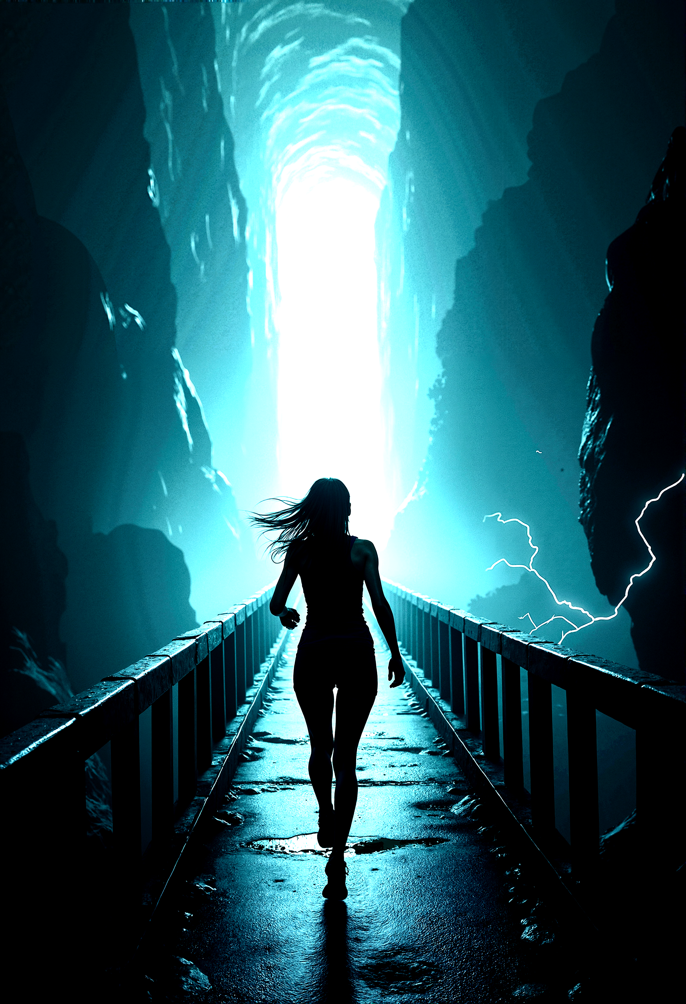 extremely photorealistic depiction of The last frontier, A very close-up third person view from behind of a Female adventurer quickly sprinting towards a massive, illuminated tunnel, ready to step into the unknown.A long, seemingly endless bridge leading to the glowing tunnel.A dark, stormy environment with constant lightning strikes and electrified air.









