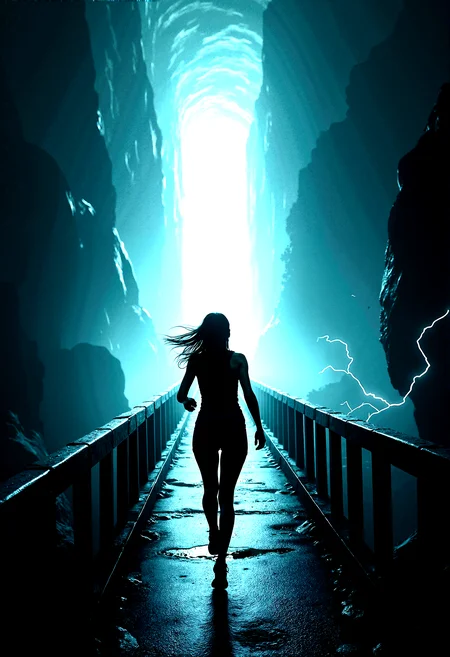 extremely photorealistic depiction of The last frontier, A very close-up third person view from behind of a Female adventurer quickly sprinting towards a massive, illuminated tunnel, ready to step into the unknown.A long, seemingly endless bridge leading to the glowing tunnel.A dark, stormy environment with constant lightning strikes and electrified air.