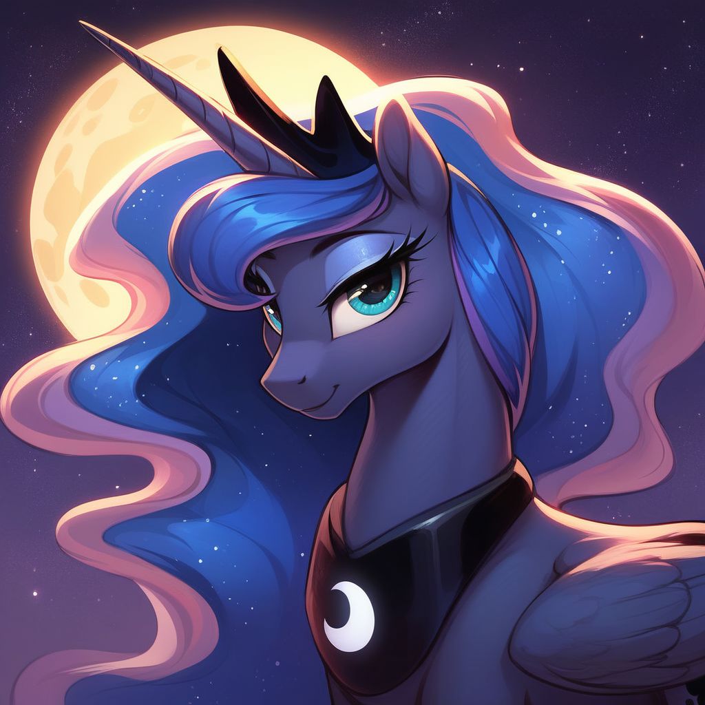 masterpiece, score_9, score_8_up, score_7_up, (best quality:1.1), ultra-detailed, high resolution, beautiful detailed eyes, Long eyelashes, Looking At Viewer, Highly Visible, 8k, Princess Luna, pony, alicorn, g4, both cutie marks, female, feral, sharp focus, beautiful, perfect lighting, beautiful eyes, anatomically correct, anatomically correct face, extremely detailed, (In the starry night sky), shine on body, high detail, proud face, 🌙, ✨, Expressiveh, OverallDetail