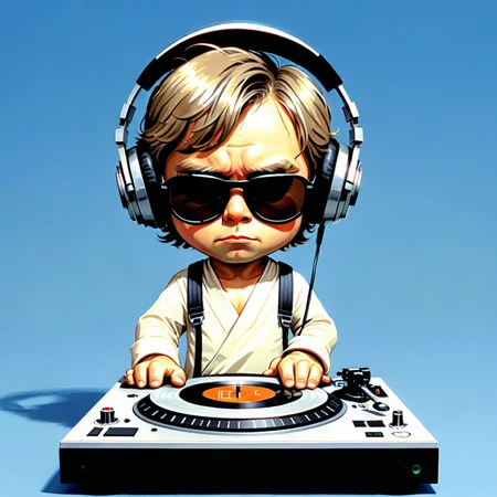 (highly detailed, masterpiece ) (cute comic) of Luke Skywalker, from Star Wars as a DJ playing a record, hip, wearing cool sunglasses, wearing headphones, <lora:xl_more_art-full_v1:0.7><lora:sdxl_cute_social_comic:0.85>