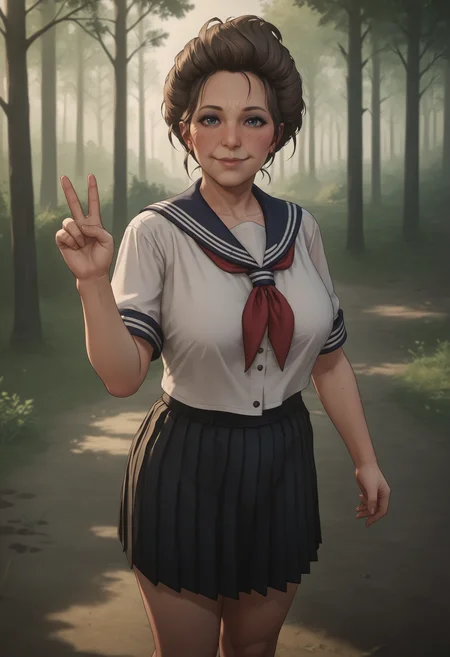 score_9, score_8_up, score_7_up, score_6_up, score_5_up, score_4_up, 1girl, <lora:SusanGrimshaw:0.8> solo, mature woman, blue eyes, brown hair, large breasts, blush, black eyeshadow, v sign, smile, wearing seifuku, sailor outfit, pleated skirt, short skirt, full body,
forest background, outdoors,