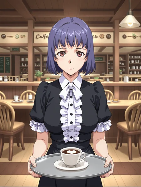<lora:interlude-v2:0.8> m1n3g1sh1, purple hair, black dress, frills, cafe, holding tray, straight-on