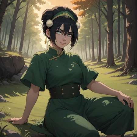score_9, score_8, BREAK, solo, black hair, short hair, bangs, grey eyes, hair bun, hairband, short sleeves, green tunic, chinese clothes, green baggy capri pants, barefoot, Toph_Bei_Fong_(Avatar), sexy pose, self portrait, smile, outdoors, sunlight, shadows, evening lighting, natural lighting, forest, trees, grass, orange sky, sunset