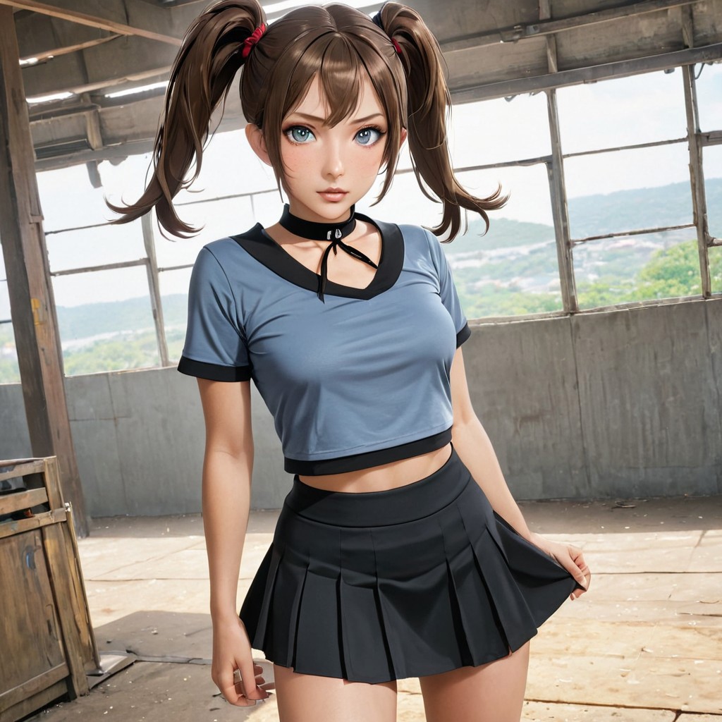 masterpiece, best_quality, solo,<lora:Kra_test:0.8>, k'ra, brown hair, grey eyes, twintails, small breasts, black top, crop top, midrift, short skirt, black skirt, choker, score_9, score_7_up, source_anime, ntm,