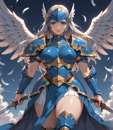 PonyScores7, source_anime, ah1, BREAK 1girl, long hair, mature female, (curvy), thick thighs, wide hips, busty, voluptuous, lips, <lora:venus body PonyXL:0.4>, grey hair, (wide-eyed), (writing), (a secret society of time travelers), looking at viewer, (<lora:pony_xl_Lenneth:0.4> Lenneth, armor, helmet, blue armor, valkyrie, armored dress, winged helmet, weapon, feathers, shoulder armor, sword, boots, holding, breastplate, holding weapon, skirt, wings, pauldrons), BREAK <lora:xl_more_art-full_v1:0.2>, <lora:shinyskin2:0.2> glistening skin, <lora:aesthetic_anime_v1s:0.2>, <lora:Expressive_H:0.2> Expressiveh, <lora:hairdetailpxl:0.2> hairdetailpxl, <lora:EpicF4nta5yXL:0.2>, <lora:detailxl:0.2> detailxl, <lora:Fant5yP0ny:0.2>, best quality, amazing quality, best aesthetic, absurdres, <lora:expressive eyes:0.2> expressive eyes, <lora:eyedetailpxl:0.2> eyedetailpxl, illustration, Volumetric_Lighting, ultra-detailed, very aesthetic, intricate details, 8k, masterpiece, best_quality, BREAK (Diagonal Composition shot), BREAK <lora:Eyes_High_Definition:0.3> EyesHD, Stable_Yogis_PDXL_Positives, AS-Adult, <lora:Complicated fantasy portrait - XL Pony V2.0:0.4>, bad-hands-5,