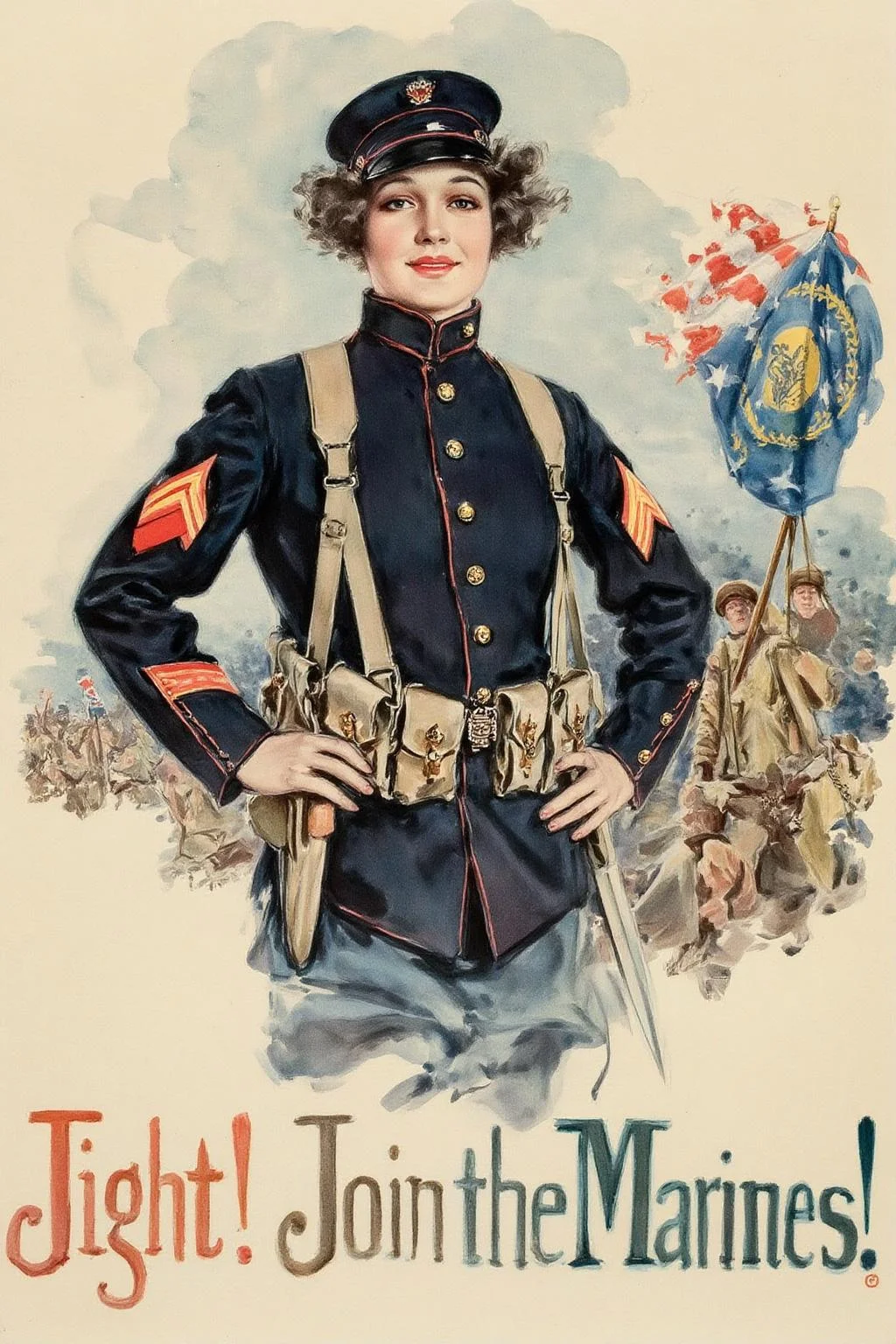 howardchandlerchristy1 illustration.
A woman with short dark curly hair in a dark blue military uniform with gold buttons and a cap stands confidently with a slight smile, looking at the viewer. She carries an belt with ammunition pouches on her shoulder and holds a bayonet in her hand. The background depicts soldiers marching with a flag bearing a circular emblem.
Text at bottom says "Fight! Join the Marines!"
<lora:howardchandlerchristy1_d8a4e11:1.0><lora:865841357472723108:0>