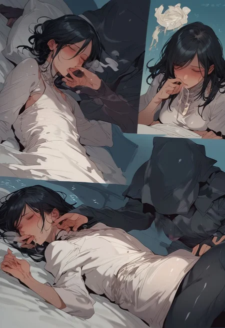 score_9, score_8_up, score_7_up, score_6_up, score_5_up, score_4_up, night, ((white bed)), (((bedroom))), ((young)), ((young body)), ((petite)), ((short)), (impact effect), (motion blur), (breath), (((((1girl))))), ((mouth poison liquid)), (((finger in the mouth by black bodysuit))), lying down, sleep face, black hood, black skin, black face, black mask, (((((4koma))))), ((((((multiple angle))))), ((((((multiple panel)))))
yyjytjr856856356sd73, black hair, (((white victoria dress))),  (((white royal dress)))