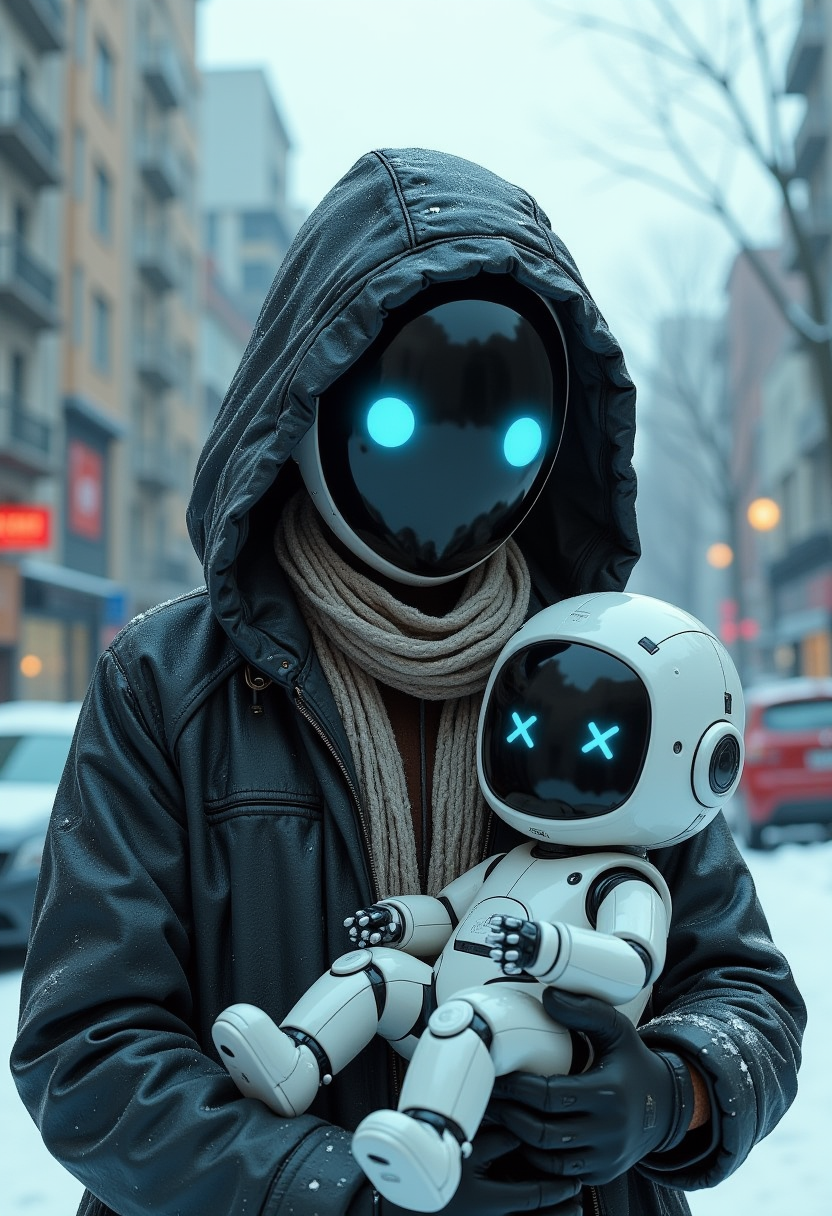 photograph of an android man, whose face is a spherical black screen with two crosses forming eyes, wearing a hooded coat and scarf, holding a cute baby robot in his arms. Snowy city in the background. 3-quarter view, reflections on the screen faces, complementary colors