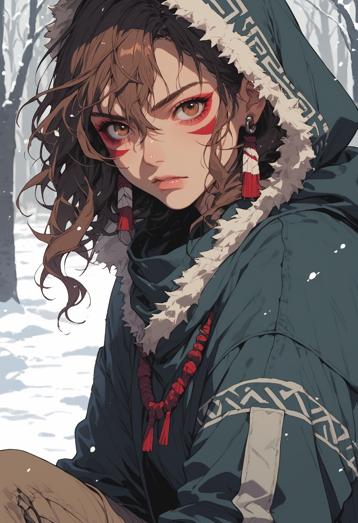 score_9, score_8_up, score_7_up,source_anime,1girl,solo,intense brown hair,short hair,wavy hair,hair between eyes,brown eyes,perfecteyes,eyebrows,tribal clothes,((wearing a hood)),fur hood,pants,tribal earrings,red face marking,snow,snowing,tree,looking at viewer,cowboy body shot,sinozick,flat colors