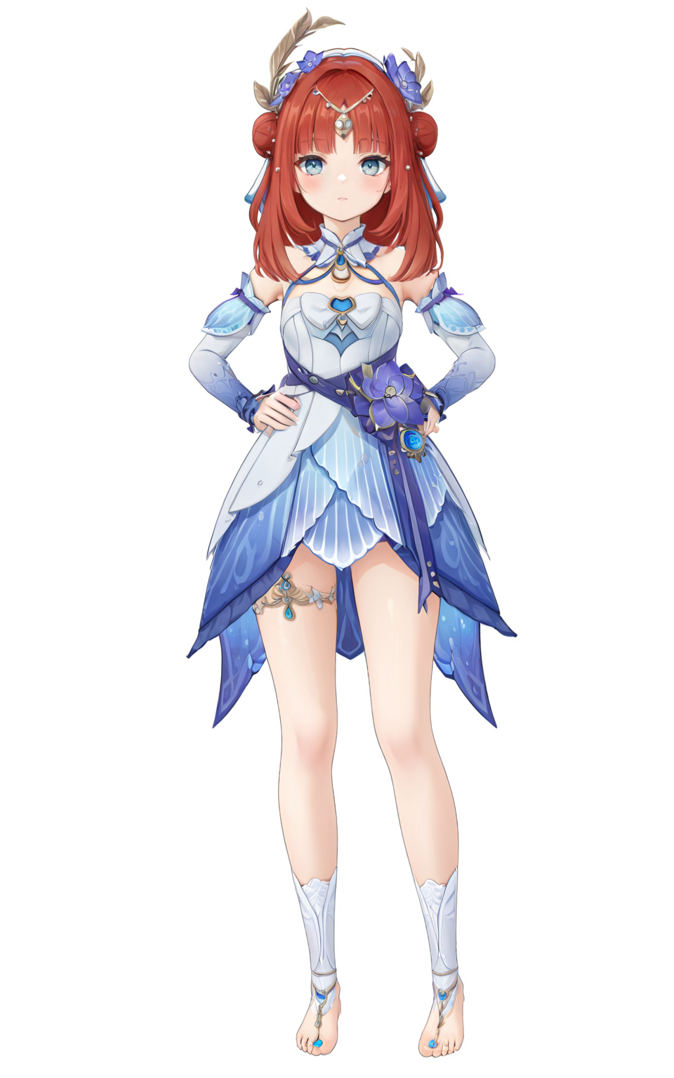 8k, best quality, masterpiece, (ultra-detailed), (high detailed skin), (white background:1.3), 
(full body:1.25), (white background), standing, looking at viewer, (solo:1.3), hands on hips, 
<lora:nilou-A3-Tanger-000014:0.8>, snilou (genshin impact), alternate costume, shabang, 1girl, long red hair, bangs, detached sleeves, double bun, thighlet, toeless legwear, 
(beautiful_face), ((intricate_detail)), clear face, 
((finely_detailed)), fine_fabric_emphasis, 
((glossy)), full_shot,