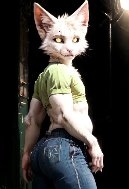 (score_9, score_8_up:1.1), score_7_up, 1boy, solo, black sclera, white fur, colored sclera, feline, white eyes, white glowing eyes, pink nose, fangs, big ears, seductive face, big ass, femboy, thick ass, spiky head tuft, chubby, lime green shirt,
black jeans, portrait