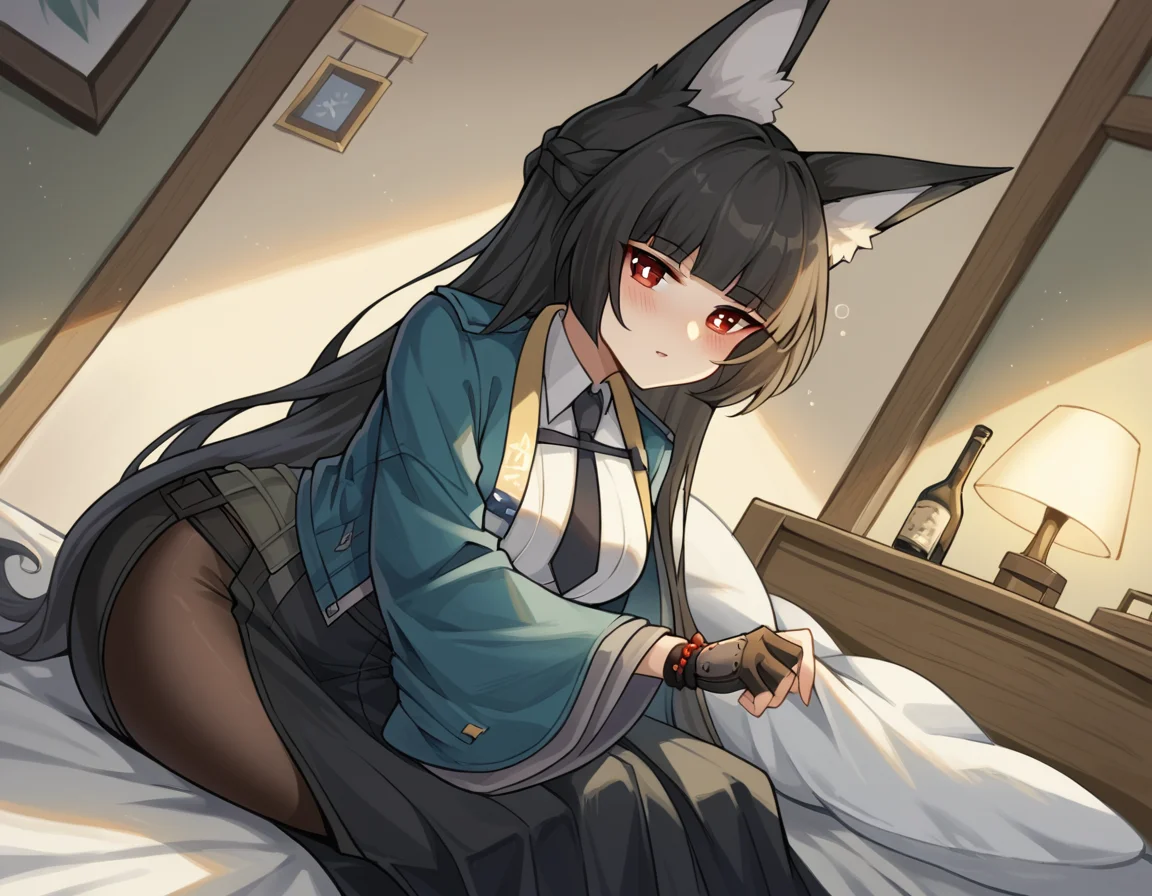 score_9, score_8_up, score_7_up, source_anime, miyabihoshimi, <lora:miyabi-hoshimi-ponyxl-lora-nochekaiser:1>, miyabi hoshimi,animal ear fluff, animal ears, black hair, bright pupils, fox ears, fox girl, half updo, long hair, red eyes, sidelocks, white pupils,, asymmetrical gloves, black gloves, black necktie, black skirt, blue jacket, collared shirt, fingerless gloves, gloves, high-waist skirt, jacket, long skirt, necktie, shirt, side slit, single fingerless glove, skirt, white shirt, wide sleeves,, indoors, bed, bed room, on side, blush, drunk, looking at viewer, solo, cowboy shot, dutch angle