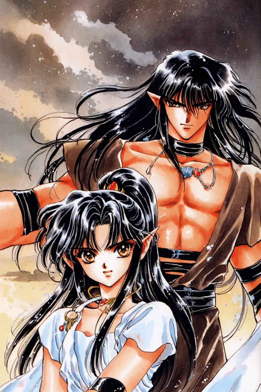 Yaksha,Asura,1girl,1boy,black hair,long hair,pointy ears,retro artstyle,ponytail,choker,jewelry,1990s (style),brown eyes,hair over one eye,back-to-back,traditional media,<lora:RG Veda_XL:0.8>,