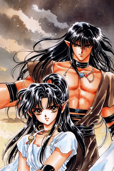Yaksha,Asura,1girl,1boy,black hair,long hair,pointy ears,retro artstyle,ponytail,choker,jewelry,1990s (style),brown eyes,hair over one eye,back-to-back,traditional media,<lora:RG Veda_XL:0.8>,