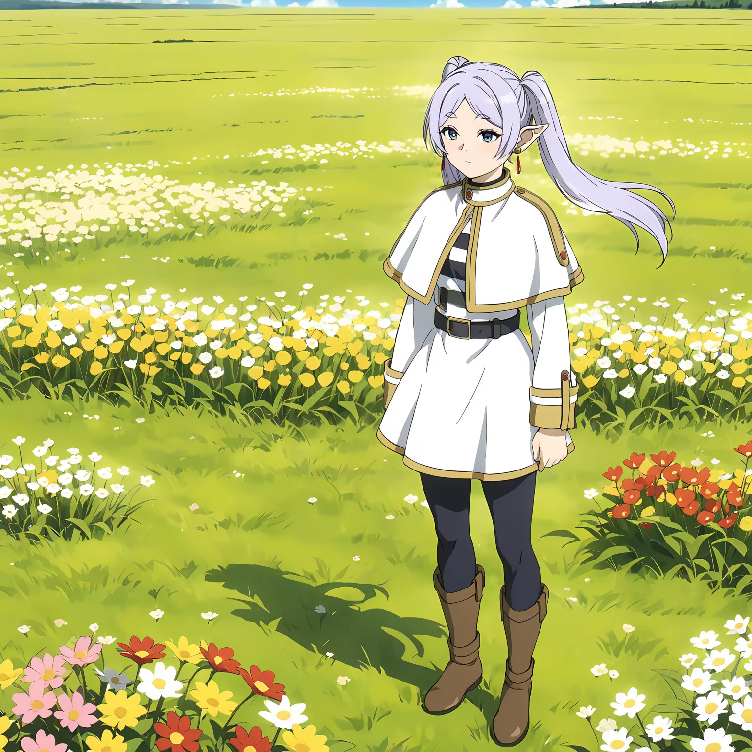 <lora:FrierenXL004>,<lora:DetailedEyes_V3:1.6>,
solo,
anime screencap,
best quality,masterpiece,
Frieren,1girl,light purple hair,twintails,multicolored eyes,earrings,
capelet,jacket,striped shirt,
belt,skirt,
pantyhose,
boots,
full body,standing,
flower,grassland,sky,wind,